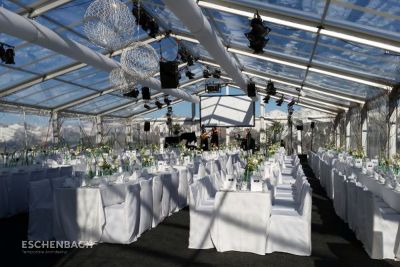 Interior view of the "glass tent" with festive decoration