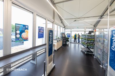 ALDI sales tent with thermal covering, glass elements and sandwich facade