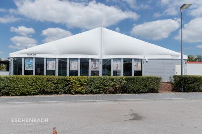 Temporary sales tent with thermal covering and glass elements in Ismaning