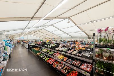 ALDI sales tent with thermal covering, glass elements and sandwich facade