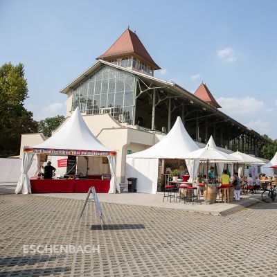 Multi-light pagodas and sales tents at a art market in Leipzig