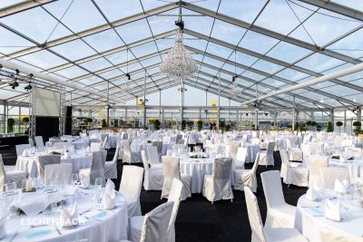 Event tent with polyglass roof at a company anniversary